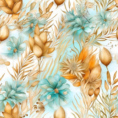 Boho Beach Botanicals Blue Peach Pattern 10 Quilting Cotton Fabric