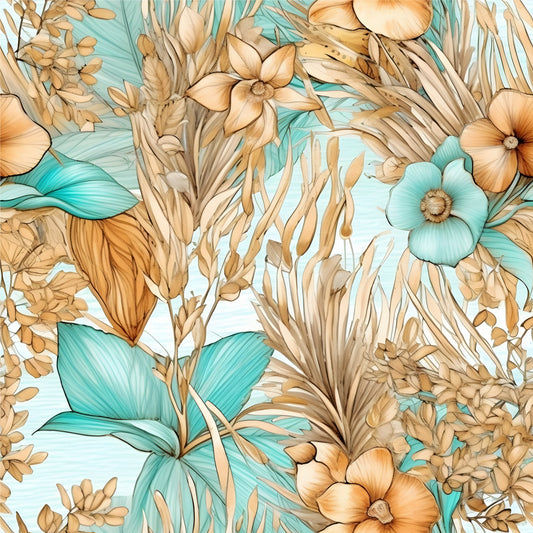 Boho Beach Botanicals Blue Peach Pattern 13 Quilting Cotton Fabric
