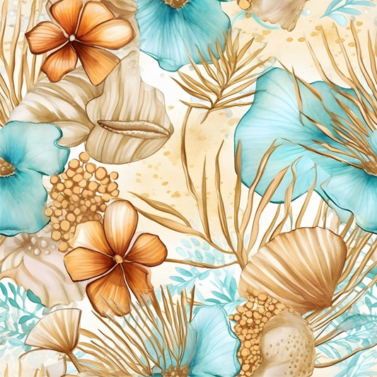 Boho Beach Botanicals Blue Peach Pattern 14 Quilting Cotton Fabric