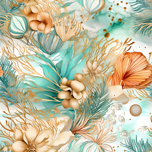 Boho Beach Botanicals Blue Peach Pattern 15 Quilting Cotton Fabric