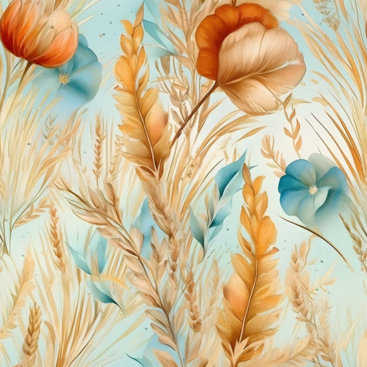 Boho Beach Botanicals Blue Peach Pattern 17 Quilting Cotton Fabric