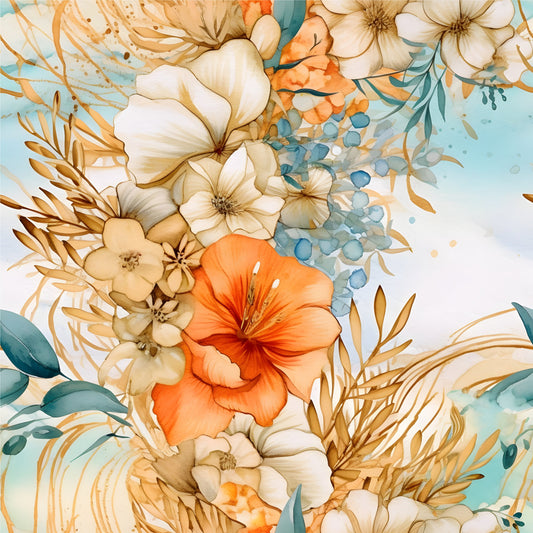 Boho Beach Botanicals Blue Peach Pattern 18 Quilting Cotton Fabric