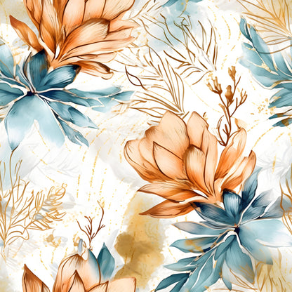 Boho Beach Botanicals Blue Peach Pattern 1 Quilting Cotton Fabric
