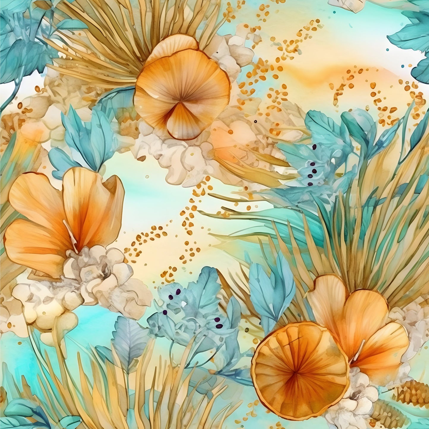 Boho Beach Botanicals Blue Peach Pattern 2 Quilting Cotton Fabric