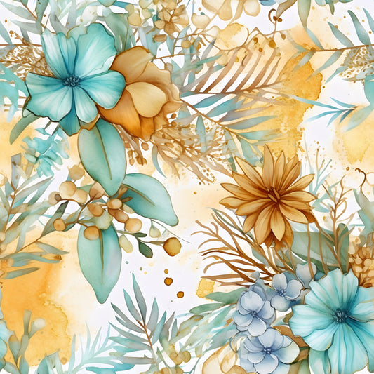 Boho Beach Botanicals Blue Peach Pattern 20 Quilting Cotton Fabric