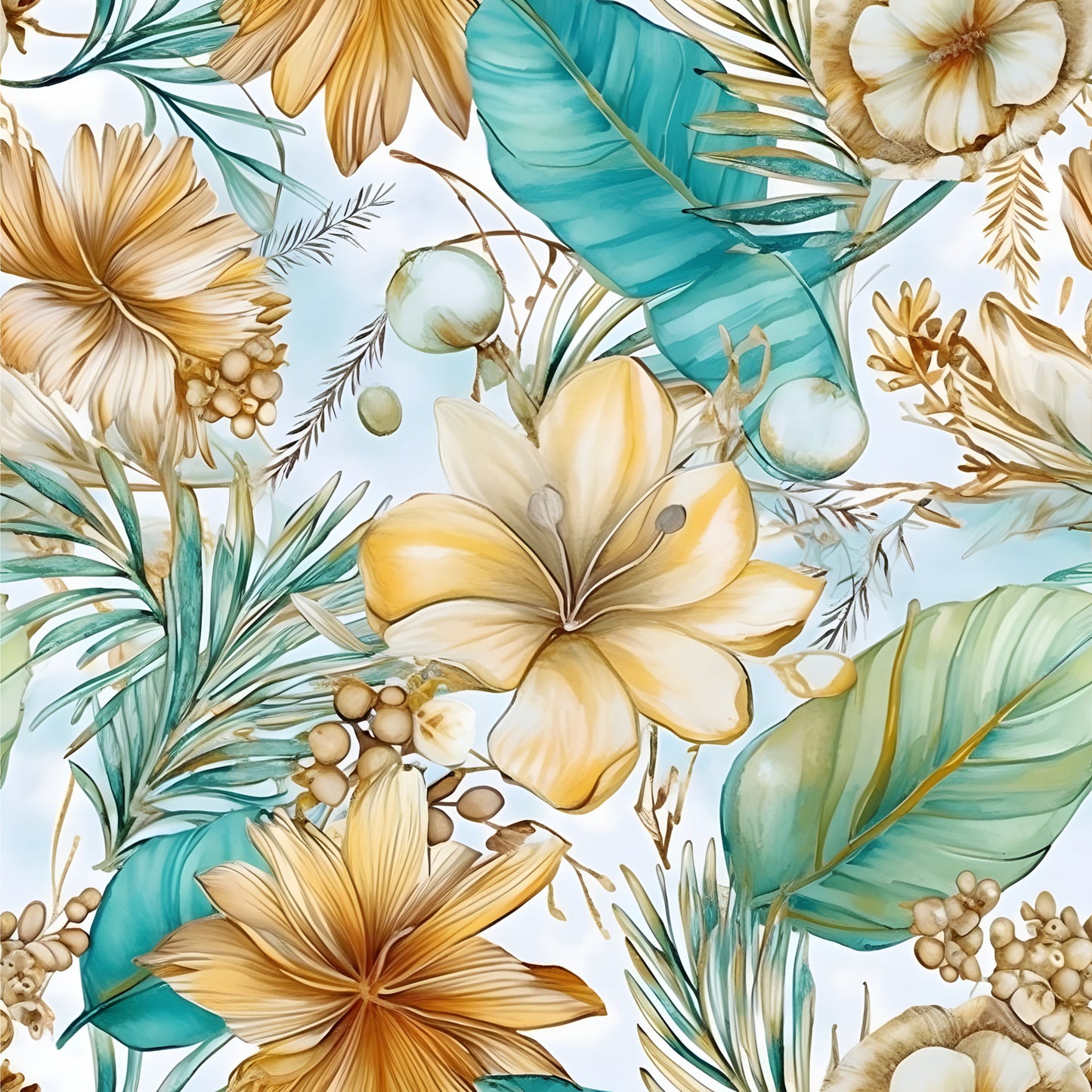 Boho Beach Botanicals Blue Peach Pattern 3 Quilting Cotton Fabric