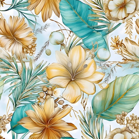 Boho Beach Botanicals Blue Peach Pattern 3 Quilting Cotton Fabric