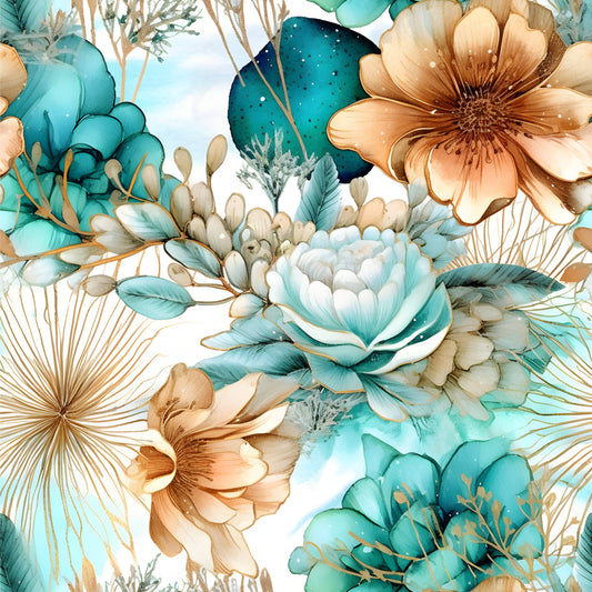 Boho Beach Botanicals Blue Peach Pattern 4 Quilting Cotton Fabric