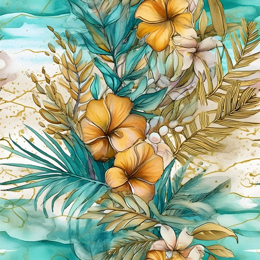 Boho Beach Botanicals Blue Peach Pattern 5 Quilting Cotton Fabric