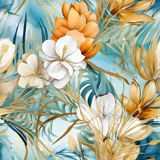 Boho Beach Botanicals Blue Peach Pattern 6 Quilting Cotton Fabric