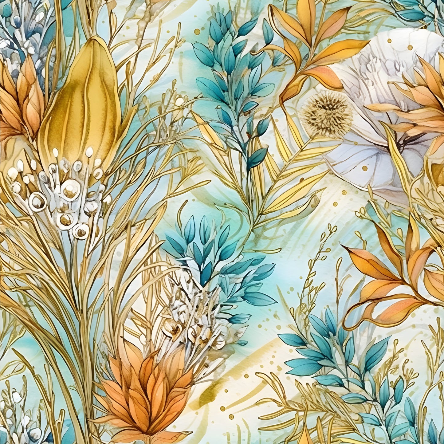 Boho Beach Botanicals Blue Peach Pattern 8 Quilting Cotton Fabric