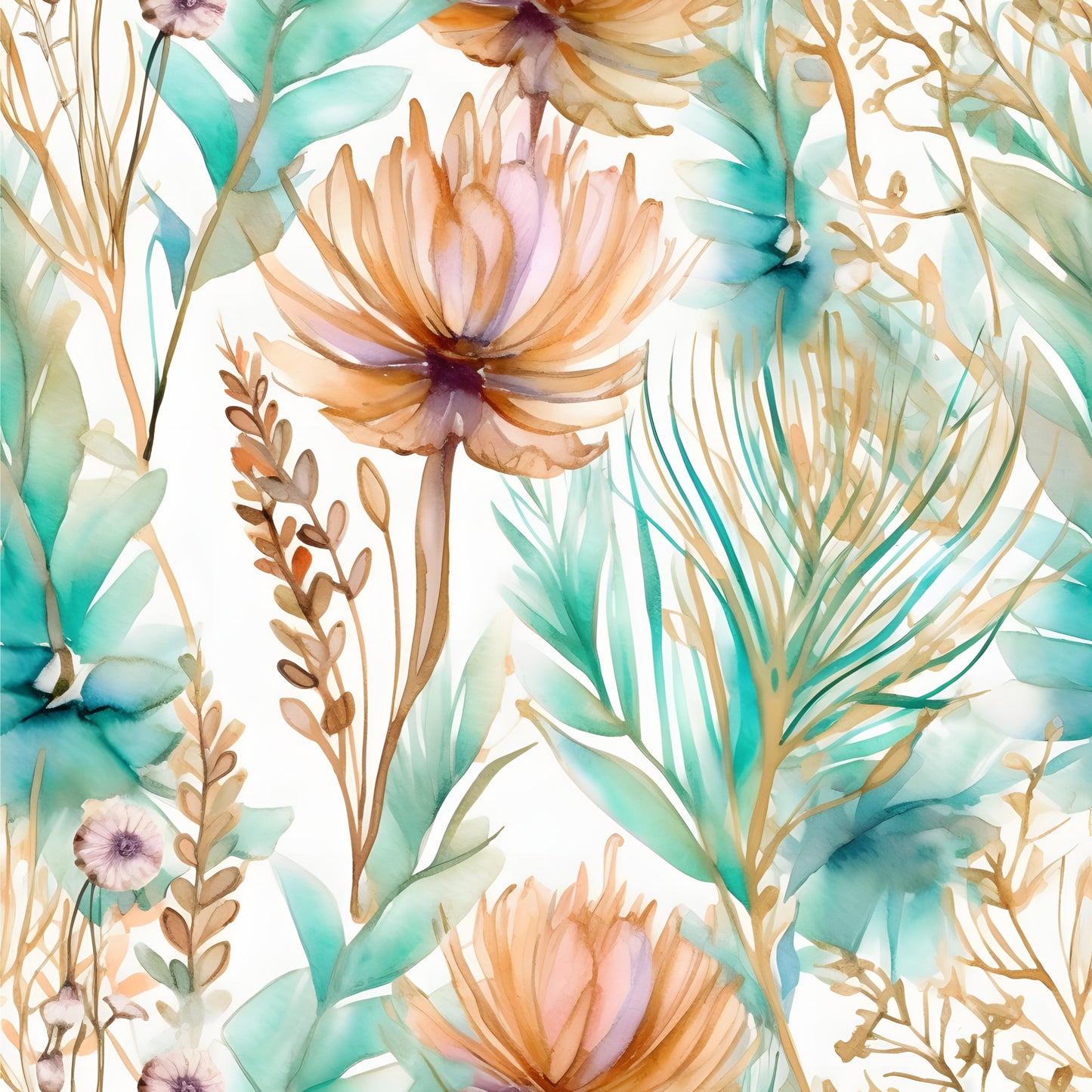 Boho Beach Botanicals Blue Peach Pattern 9 Quilting Cotton Fabric