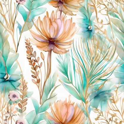 Boho Beach Botanicals Blue Peach Pattern 9 Quilting Cotton Fabric