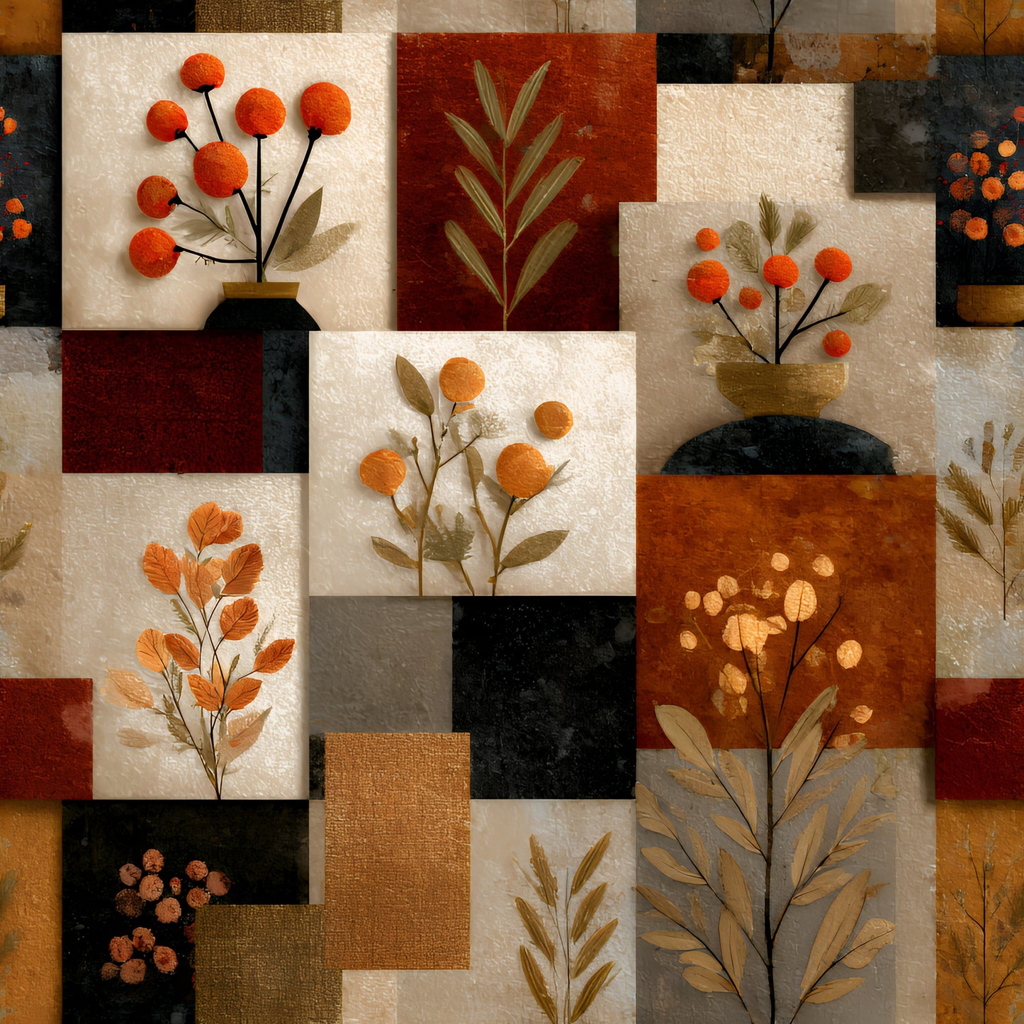 boho floral, patchwork squares, autumn colors, orange berries, rust red, cream beige, charcoal black, botanical motifs, pressed flowers, dried leaves, quilting cotton, fabric panel, geometric blocks, earth tones, fall foliage, textured background, mixed media style, organic shapes, natural elements, warm palette