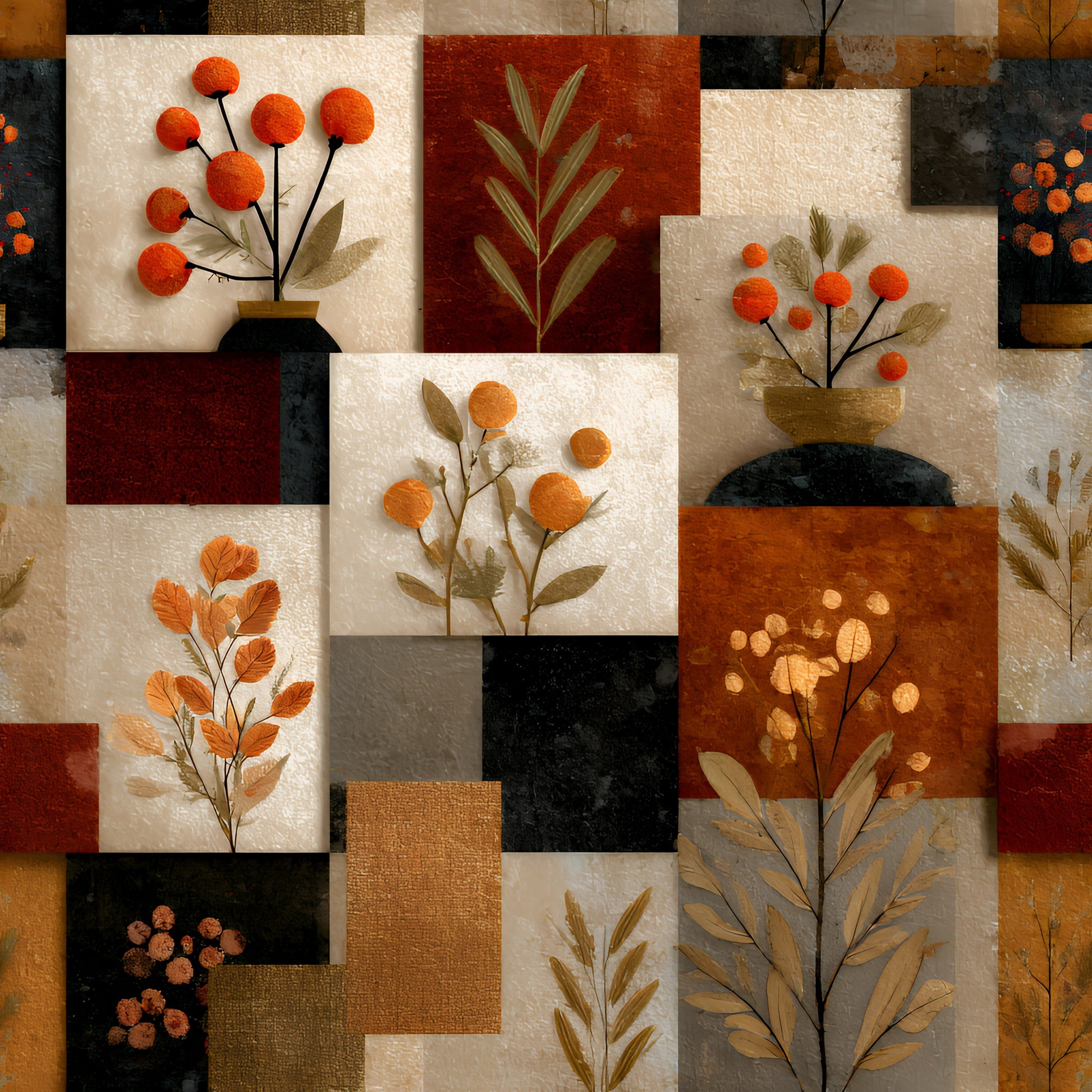 boho floral, patchwork squares, autumn colors, orange berries, rust red, cream beige, charcoal black, botanical motifs, pressed flowers, dried leaves, quilting cotton, fabric panel, geometric blocks, earth tones, fall foliage, textured background, mixed media style, organic shapes, natural elements, warm palette