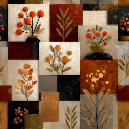boho floral, patchwork squares, autumn colors, orange berries, rust red, cream beige, charcoal black, botanical motifs, pressed flowers, dried leaves, quilting cotton, fabric panel, geometric blocks, earth tones, fall foliage, textured background, mixed media style, organic shapes, natural elements, warm palette