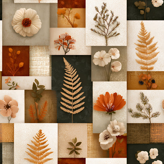 boho floral, patchwork squares, autumn colors, burnt orange, sage green, cream, beige, botanical prints, fern leaves, wildflowers, pressed flowers, nature motifs, earthy tones, quilting cotton, fabric panel, vintage style, rustic charm, geometric blocks, dried botanicals, warm palette