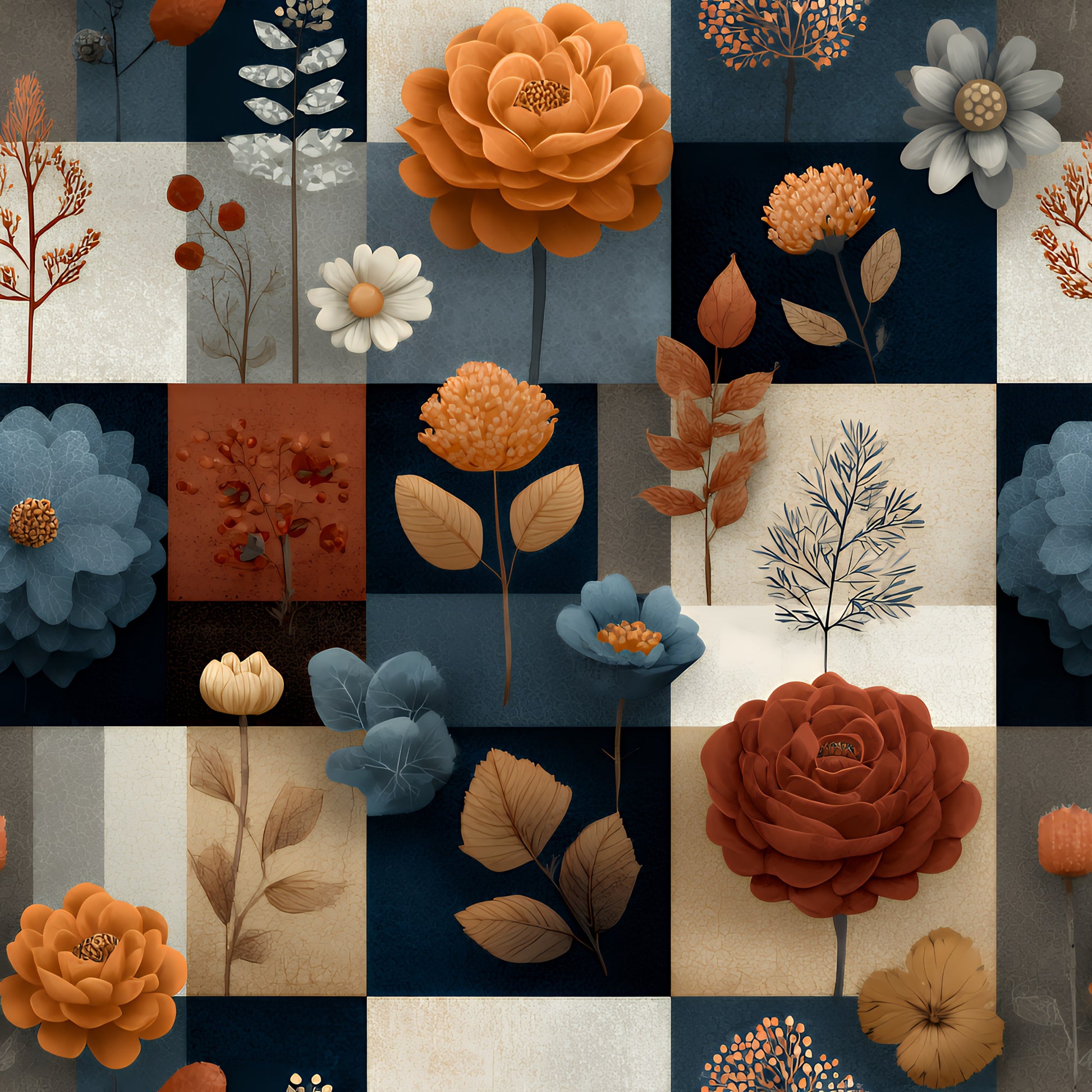 boho floral, patchwork squares, quilting cotton, fabric panel, orange flowers, blue backgrounds, cream panels, rust colored, botanical motifs, layered petals, leaves and stems, geometric blocks, muted earth tones, navy blue, burnt orange, floral arrangement, modern quilting, cotton fabric, decorative florals, mixed media style