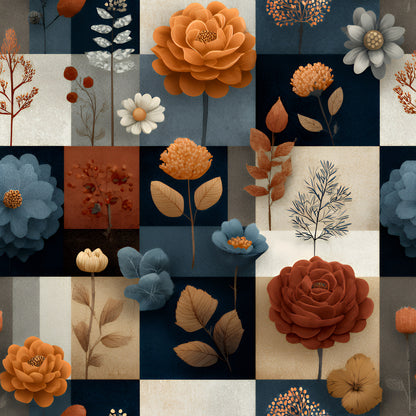 boho floral, patchwork squares, quilting cotton, fabric panel, orange flowers, blue backgrounds, cream panels, rust colored, botanical motifs, layered petals, leaves and stems, geometric blocks, muted earth tones, navy blue, burnt orange, floral arrangement, modern quilting, cotton fabric, decorative florals, mixed media style