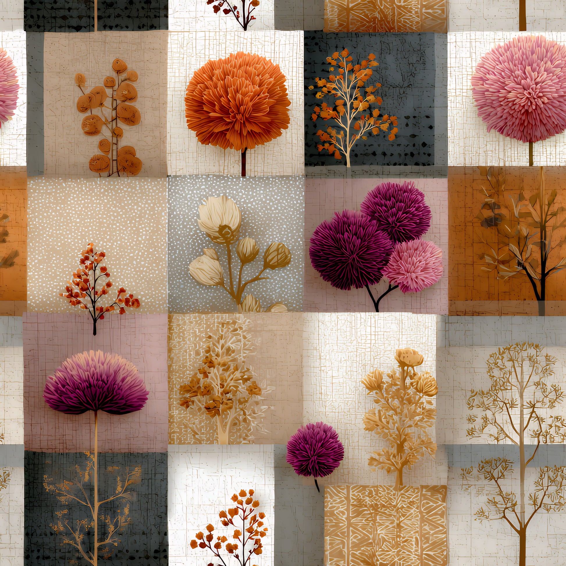 boho floral, patchwork squares, quilting cotton, fabric panel, orange flowers, pink blooms, purple chrysanthemums, botanical motifs, autumn branches, dried flowers, neutral backgrounds, beige tones, gray patches, textured blocks, nature inspired, floral silhouettes, warm earth tones, crafting fabric, sewing material, mixed media design