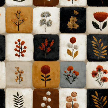 boho floral, patchwork squares, quilting cotton, botanical motifs, pressed flowers, autumn colors, orange, rust, cream, black, gray, dried flowers, leaves, berries, seed pods, nature inspired, earthy tones, vintage botanical, fabric panel, geometric squares