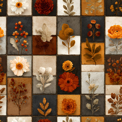 autumn flowers, patchwork squares, botanical prints, pressed flowers, orange blooms, rust colored, cream background, charcoal gray, golden yellow, floral motifs, nature inspired, vintage aesthetic, quilting cotton, fabric panel, dried botanicals, fall foliage, earthy tones, boho style, geometric grid, seasonal florals