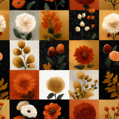 orange, rust, mustard yellow, cream, black, white, floral motifs, patchwork squares, geometric blocks, dandelions, cosmos flowers, seed pods, botanical illustration, autumn blooms, folk art style, quilting cotton, fabric panel, boho aesthetic, nature inspired, warm earth tones