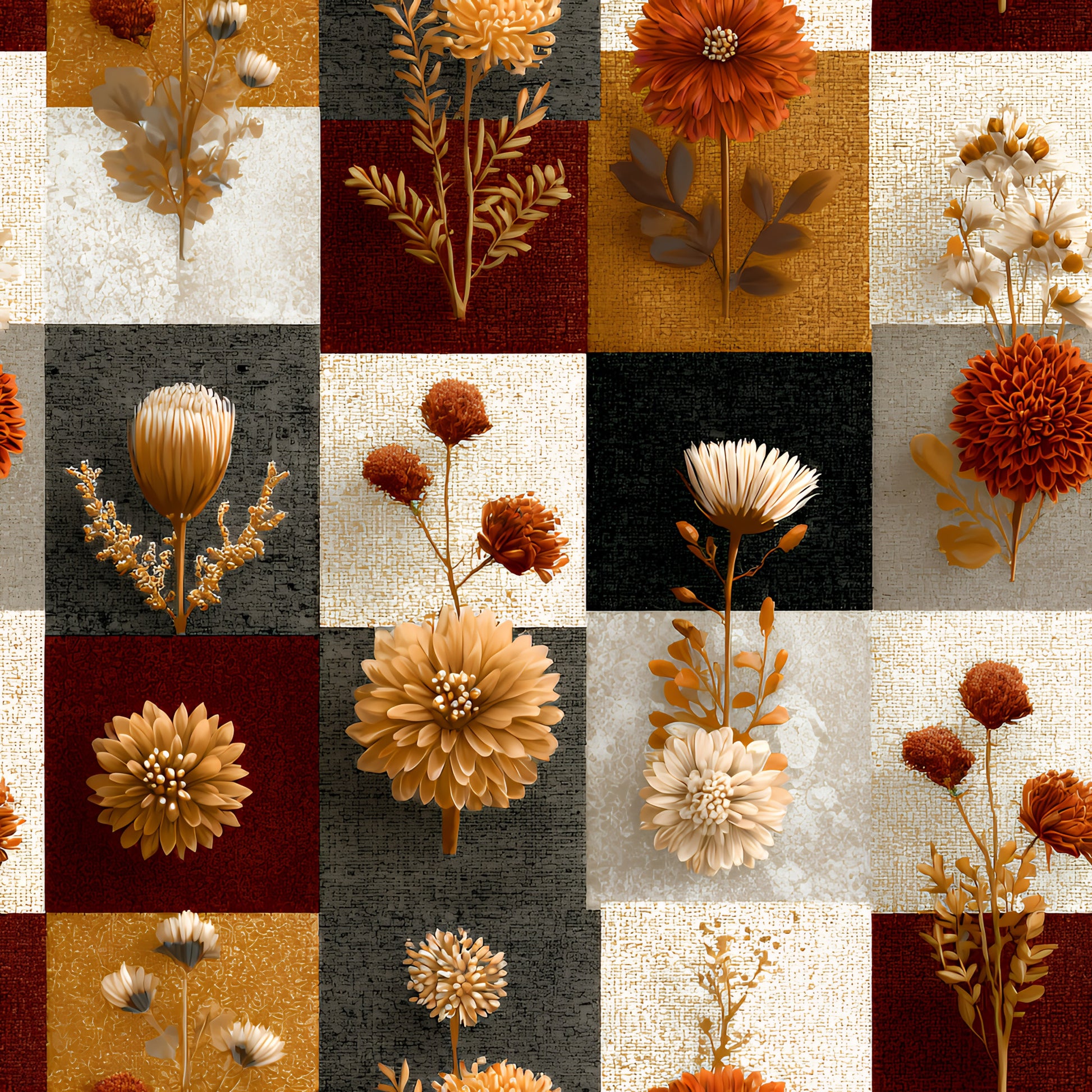 boho floral, patchwork squares, quilting cotton, autumn flowers, rust orange, golden yellow, cream beige, burgundy red, charcoal gray, botanical motifs, dahlia blooms, wildflowers, leafy stems, fall foliage, earth tones, bohemian style, nature inspired, warm palette, fabric panel, cottagecore aesthetic