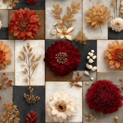 boho floral, patchwork squares, quilting cotton, fabric panel, autumn flowers, burgundy blooms, cream petals, golden yellow, rust orange, dried botanicals, dahlia flowers, geometric blocks, earthy tones, pressed flowers, botanical motif, fall colors, floral arrangement, warm palette, nature inspired, vintage style