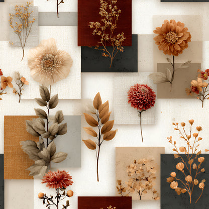 autumn flowers, botanical elements, patchwork blocks, earth tones, rust orange, sage green, cream beige, dried flowers, pressed botanicals, geometric squares, vintage florals, quilting cotton, fabric panel, boho style, natural textures, fall foliage, dahlia blooms, delicate branches, muted palette, artistic collage