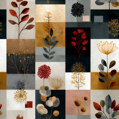 boho floral, patchwork pattern, quilting cotton, fabric panel, botanical motifs, autumn leaves, abstract flowers, earthy tones, rust orange, deep teal, warm brown, sage green, geometric blocks, modern botanical, stylized plants, contemporary floral, nature inspired, artistic squares, textured backgrounds, fall colors