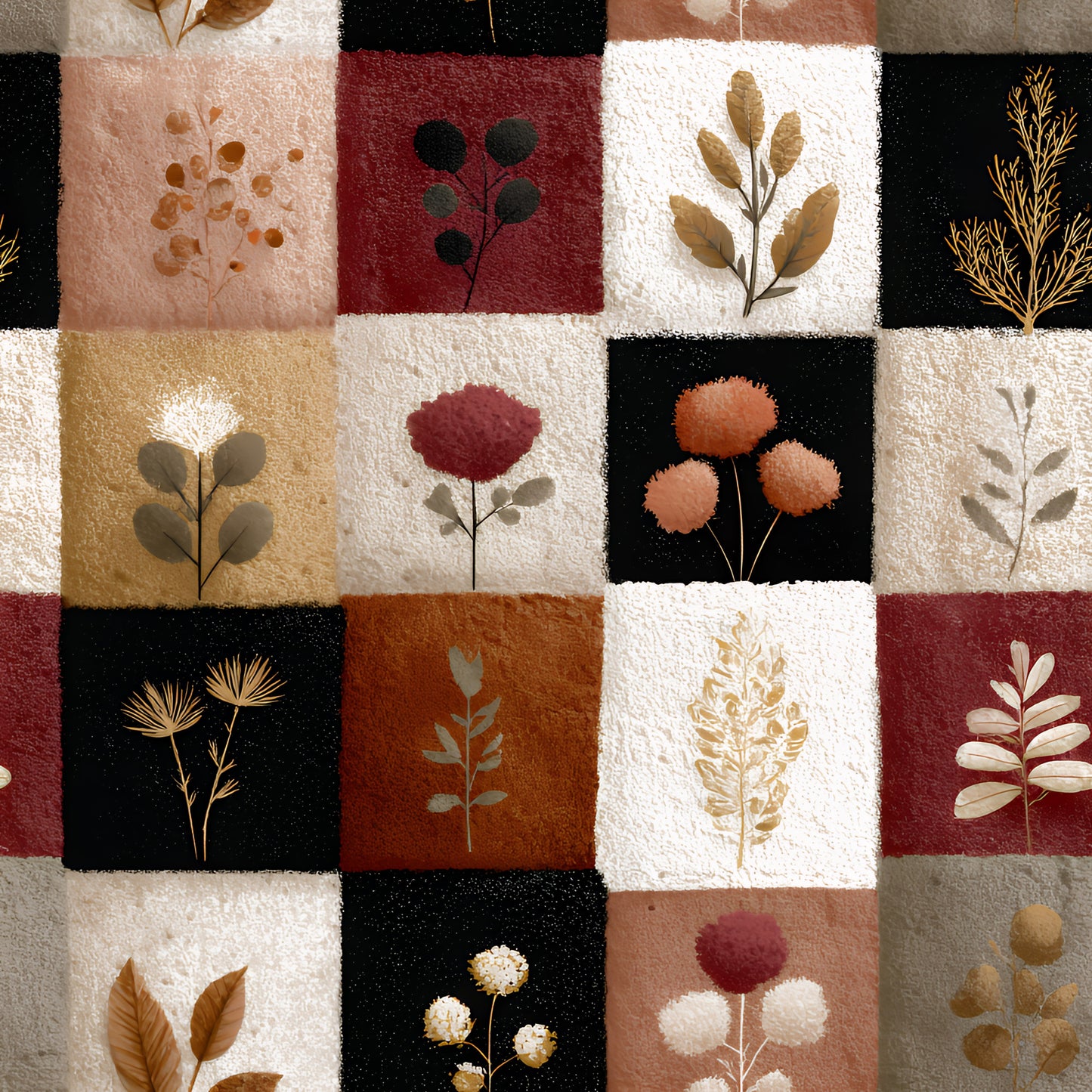 cream, burgundy, black, terracotta, botanical, pressed flowers, leaves, berries, patchwork squares, quilting cotton, fabric panel, autumn colors, dried botanicals, nature motifs, silhouettes, earth tones, floral specimens, boho style, rustic texture, botanical collection
