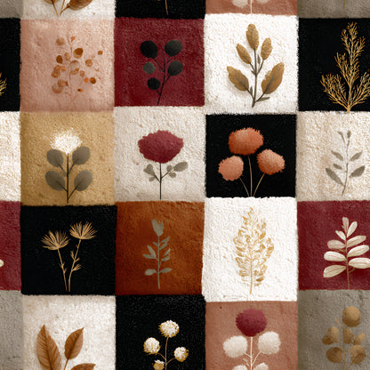 cream, burgundy, black, terracotta, botanical, pressed flowers, leaves, berries, patchwork squares, quilting cotton, fabric panel, autumn colors, dried botanicals, nature motifs, silhouettes, earth tones, floral specimens, boho style, rustic texture, botanical collection