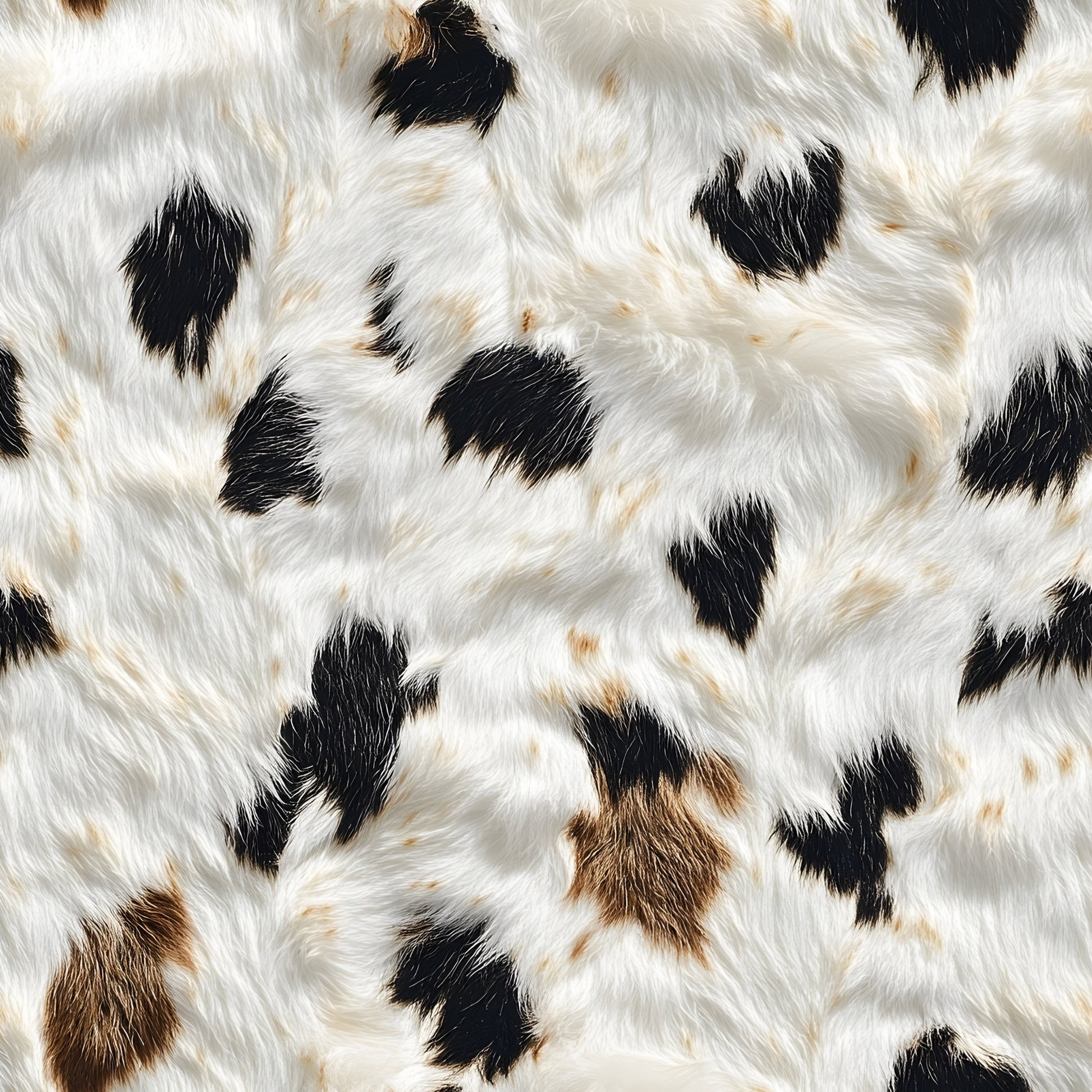 cow print, animal pattern, black spots, white fur, brown patches, cowhide texture, farm animal, barnyard theme, spotted pattern, quilting cotton, fabric panel, rustic design, country style, natural colors, cream white, charcoal black, tan brown, realistic fur, agricultural theme