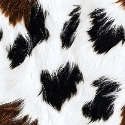 brown, white, black, cow pattern, animal print, spots, patches, cowhide, fur texture, realistic, natural, rustic, farm theme, quilting cotton, fabric panel, western style, country, barnyard, livestock, bovine