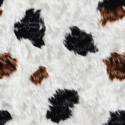 white fur, black spots, brown patches, cow hide pattern, animal print, realistic texture, natural colors, quilting cotton, fabric panel, cowhide design, farm animal, spotted pattern, creamy white, chocolate brown, jet black, bovine print, western theme, ranch style, rustic pattern