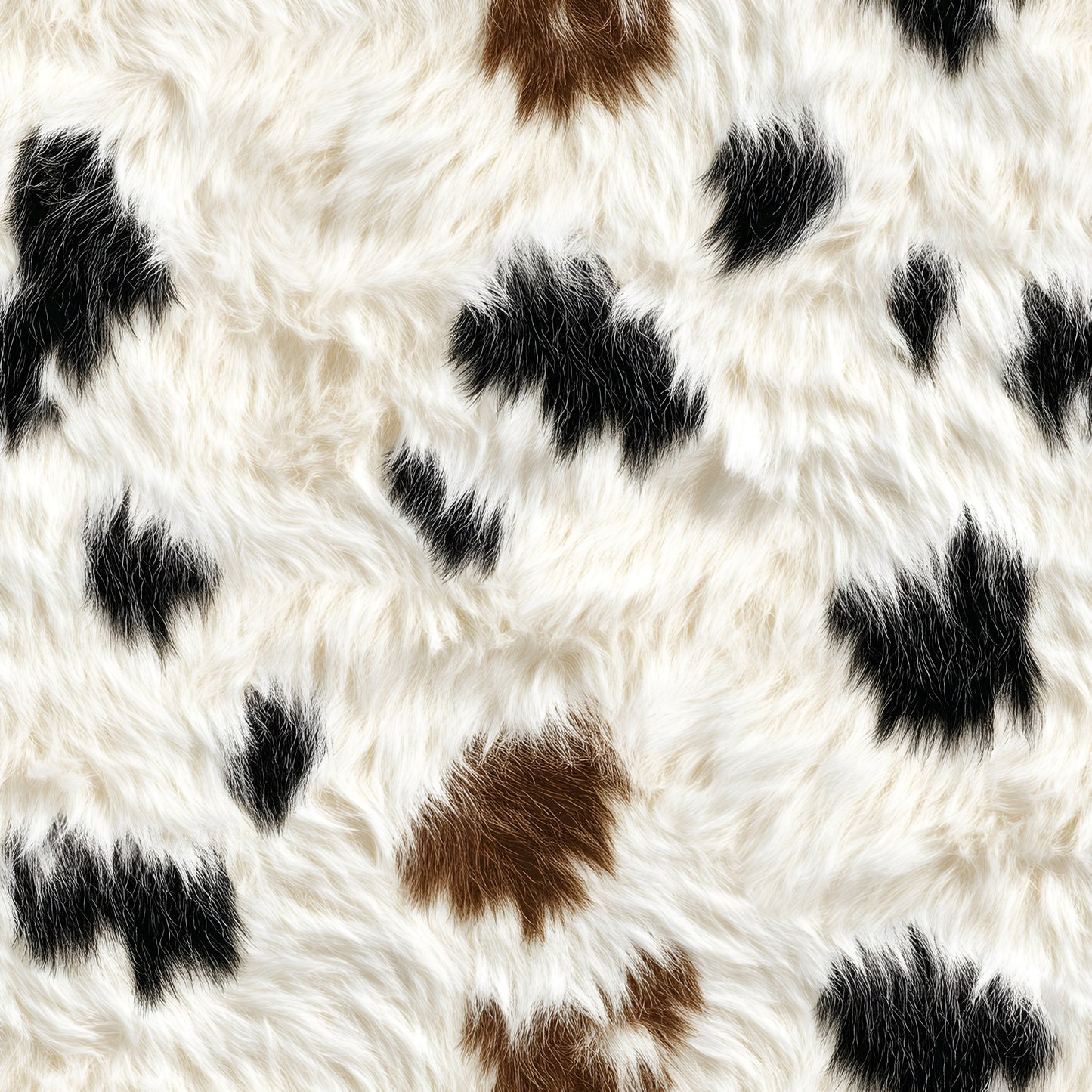 white fur, black spots, brown patches, cow hide pattern, animal print, realistic texture, cowhide design, quilting cotton, fabric panel, farm animal, livestock pattern, irregular spots, natural markings, bovine print, cream background, rustic style, western theme, ranch aesthetic, organic shapes, fur texture