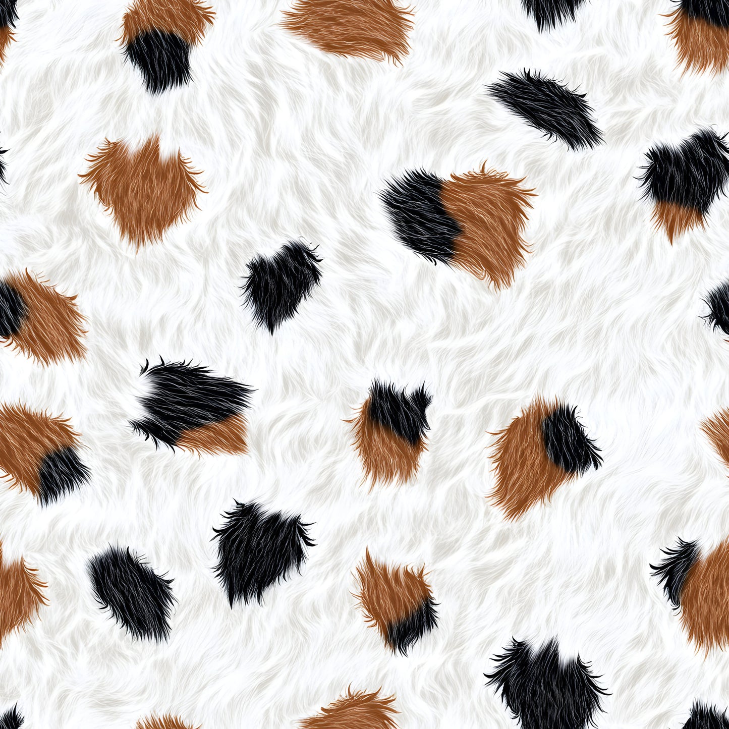 cow pattern, brown spots, black spots, white fur, animal print, cowhide texture, farm animal, livestock design, quilting cotton, fabric panel, rustic pattern, country theme, natural colors, irregular spots, fluffy texture, agricultural motif, ranch style, dairy cow, scattered patches, organic shapes