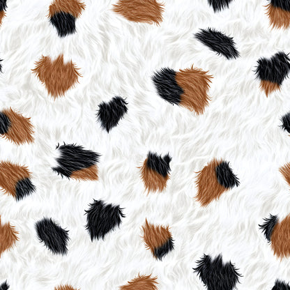 cow pattern, brown spots, black spots, white fur, animal print, cowhide texture, farm animal, livestock design, quilting cotton, fabric panel, rustic pattern, country theme, natural colors, irregular spots, fluffy texture, agricultural motif, ranch style, dairy cow, scattered patches, organic shapes