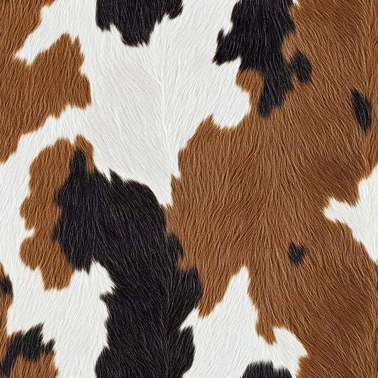 brown, white, black, cow print, cowhide pattern, animal print, spotted pattern, irregular patches, realistic texture, fur texture, quilting cotton, fabric panel, western theme, ranch style, farm animals, natural colors, organic shapes, rustic mood, countryside aesthetic