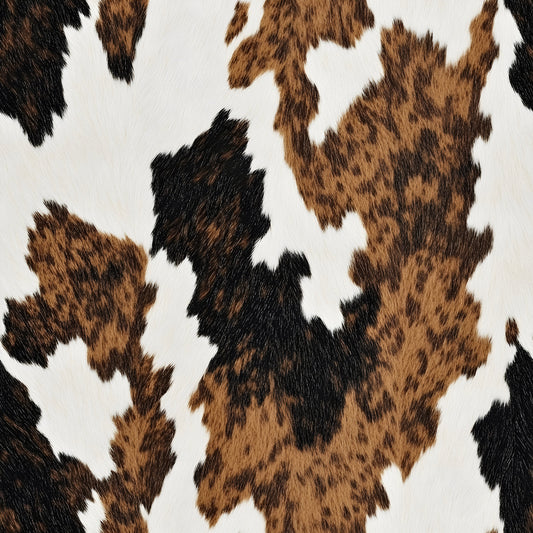 brown, white, black, cow hide pattern, animal print, cowhide spots, irregular patches, natural markings, farm animal, livestock pattern, quilting cotton, fabric panel, rustic style, country theme, western motif, bovine design, mottled texture, organic shapes, ranch aesthetic
