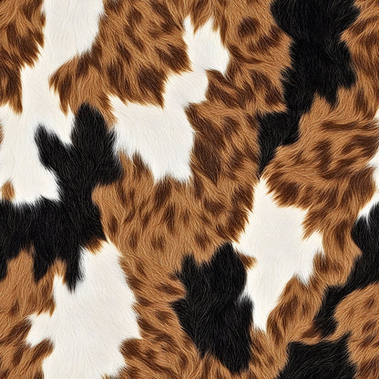 brown, white, black, cow hide, cow pattern, animal print, irregular patches, natural markings, realistic texture, fur pattern, quilting cotton, fabric panel, bovine design, spotted pattern, earthy tones, farmhouse style, western theme, animal motif, rustic appeal