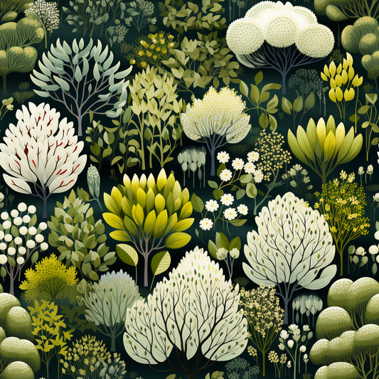 forest green, cream white, sage green, yellow gold, botanical illustration, floral motifs, leaves pattern, trees design, nature inspired, vintage style, quilting cotton, fabric panel, whimsical plants, garden theme, folk art, organic shapes, spring colors, crafting material, stylized flora, seamless pattern