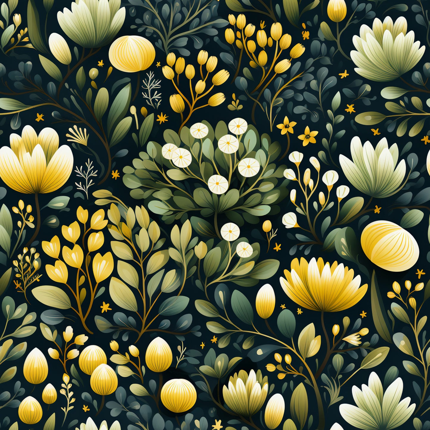 botanical garden, floral pattern, dark navy background, golden yellow flowers, white blooms, sage green leaves, cream petals, nature motif, seamless repeat, quilting cotton, fabric panel, botanical illustration, garden flowers, foliage design, decorative florals, textile design, crafting fabric, sewing material, organic shapes, artistic florals