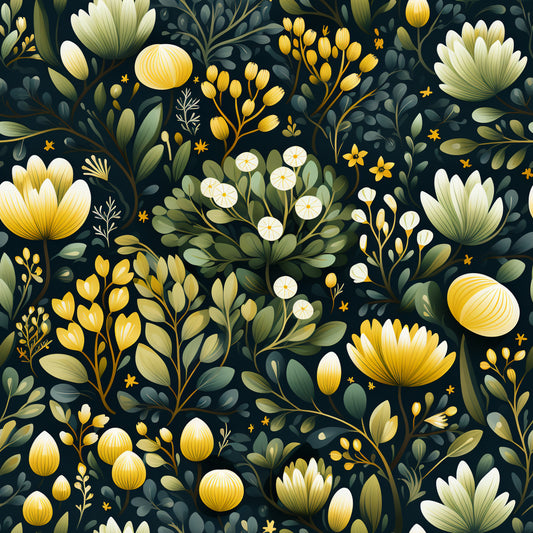 botanical garden, floral pattern, dark navy background, golden yellow flowers, white blooms, sage green leaves, cream petals, nature motif, seamless repeat, quilting cotton, fabric panel, botanical illustration, garden flowers, foliage design, decorative florals, textile design, crafting fabric, sewing material, organic shapes, artistic florals