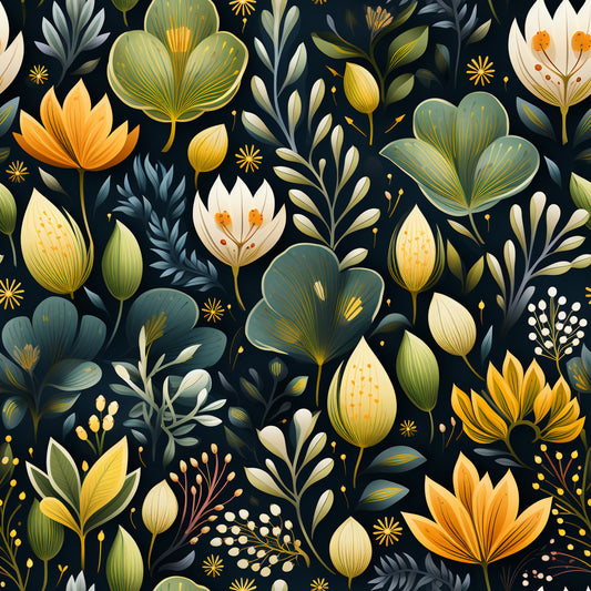 botanical flowers, teal background, orange blooms, cream petals, yellow accents, sage green leaves, floral pattern, nature motif, quilting cotton, fabric panel, stylized florals, decorative buds, botanical illustration, seamless design, crafting material, sewing fabric, garden theme, folk art style, modern floral, textile design