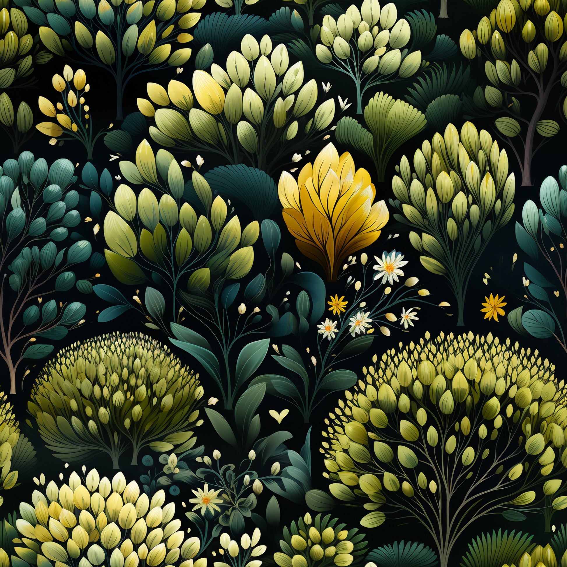 botanical pattern, quilting cotton, fabric panel, dark green, sage green, yellow gold, cream white, forest green, floral motifs, leaf clusters, small daisies, nature inspired, organic shapes, dense foliage, branching stems, seed pods, stylized plants, earthy tones, botanical illustration, garden elements