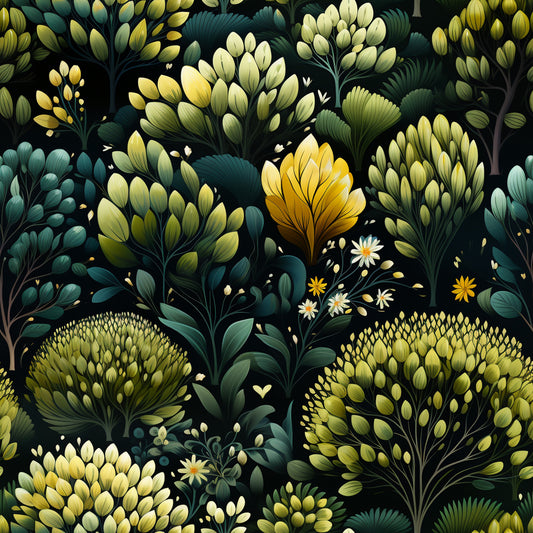 botanical pattern, quilting cotton, fabric panel, dark green, sage green, yellow gold, cream white, forest green, floral motifs, leaf clusters, small daisies, nature inspired, organic shapes, dense foliage, branching stems, seed pods, stylized plants, earthy tones, botanical illustration, garden elements