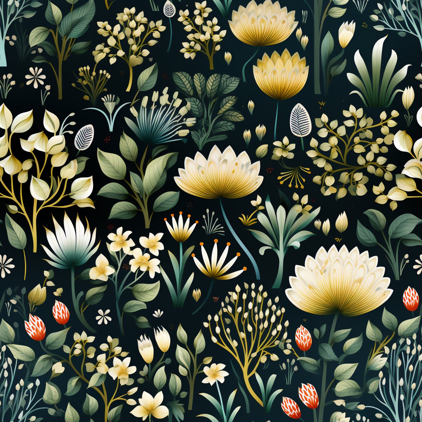 dark green background, cream flowers, golden yellow blooms, white petals, red berries, botanical illustration, floral pattern, leaves and foliage, nature motif, quilting cotton, fabric panel, garden flowers, vintage botanical, earthy tones, repeating pattern, decorative florals, natural elements, organic shapes, artistic rendering