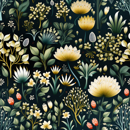 dark green background, cream flowers, golden yellow blooms, white petals, red berries, botanical illustration, floral pattern, leaves and foliage, nature motif, quilting cotton, fabric panel, garden flowers, vintage botanical, earthy tones, repeating pattern, decorative florals, natural elements, organic shapes, artistic rendering